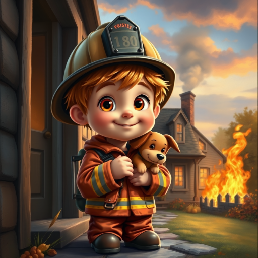 airbrushed oil painting, pixar style, cute little boy in fireman gear, helmet, tousled hair, expressive eyes, standing in the doorstep of a cottage burning behind him, holding a cute little dog in his arm, atumn sky