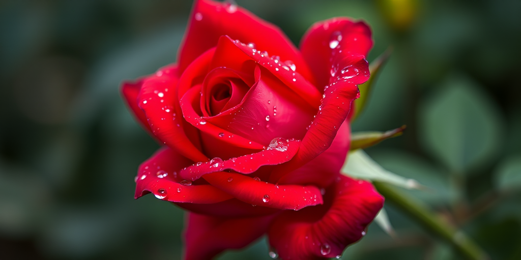 Close-up shot of a vibrant red rose with dewdrops, f/1.8, 85mm lens, ISO 100, natural light, shallow depth of field, DSLR camera.