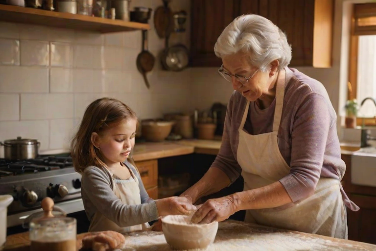 Warm, intimate image of a grandmother teaching her granddaughter to bake in a cozy kitchen, soft glow from the oven casting warm shadows, flour dusted on their aprons, and the smell of fresh dough.