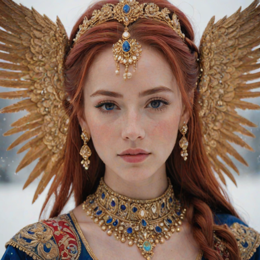 A young woman with long, flowing red hair, wearing a traditional, ornate red and blue costume with gold accents and intricate embroidery, stands facing the viewer in a close-up portrait. Her hair is styled in a high ponytail and adorned with a pair of golden, winged hairpieces. She wears gold earrings and her makeup is accented with light pink blush and a bright red lip. She has a soft and slightly melancholic expression, with her eyes looking directly at the camera. The background is a blurred, out-of-focus snowy landscape, with the woman in the foreground. The lighting is soft and natural, creating a warm, intimate atmosphere. The image is composed using a shallow depth of field, with the woman as the main focal point. The overall style is elegant, delicate, and fairytale-like.