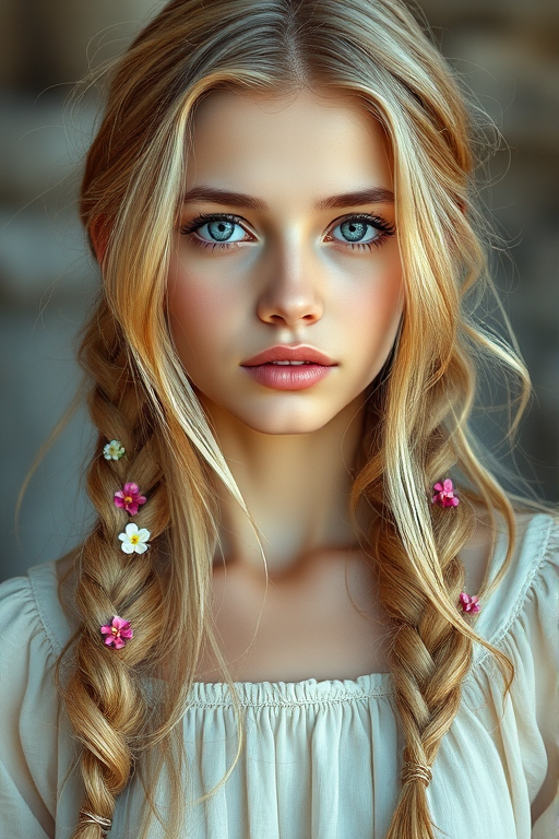 Create an image of a young Armenian woman with long, wavy blonde hair, adorned with small, colorful flowers woven into her braids and loose strands. Her complexion is fair, with soft, glowing skin, and she has light blue eyes that gaze softly at the viewer. She wears a light, flowing dress with a gentle, ethereal quality, complementing her delicate and serene appearance. The background is slightly blurred, drawing focus to her tranquil expression and the intricate details of the flowers in her hair. The overall mood of the image is one of natural beauty and grace, evoking a sense of peacefulness and connection with nature.