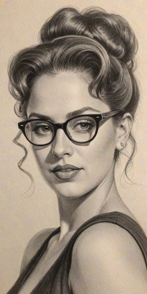 Exquisite Marissa Jaret Winokur, pencil sketch, portrait of Elegant woman 1946s in glasses, hair style beatnik, outline, clear lines, fine lines, 8k