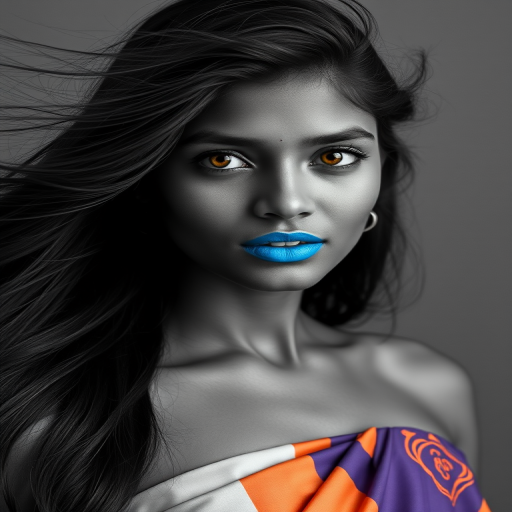 Photographic image of a beautiful young Sri Lankan woman, Yellow eyes, lips with cyan lipstick, long hair fluttering in the wind and wearing a silk strapless dress with a soft purple and orange print. monochrome image with only color highlights in the iris of the eyes, lipstick and dress. Gray background.