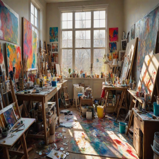 Artist’s studio, cluttered with canvases and paint supplies, a painter focused on a large canvas, sunlight streaming through tall windows, illuminating the vibrant colors of the paint and the creative chaos.