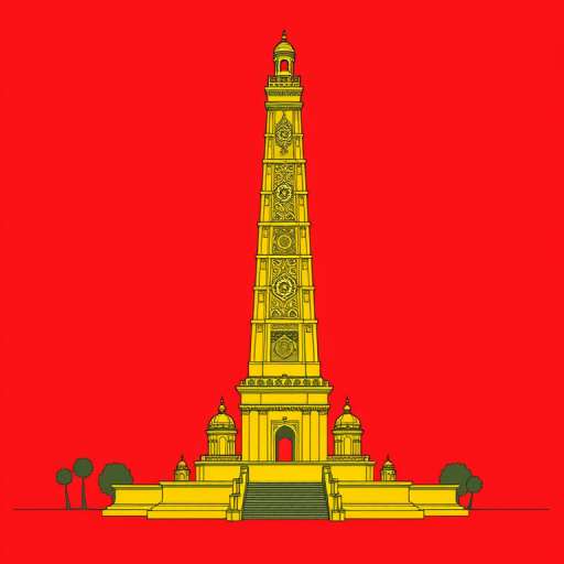 create a digital illustration of a tall yellow monument with intricate designs on a solid red background, using a Canon EOS R5 camera, 50mm lens, f/1.8 aperture, 1/100s shutter speed, and ISO 100 for enhanced clarity and detail.