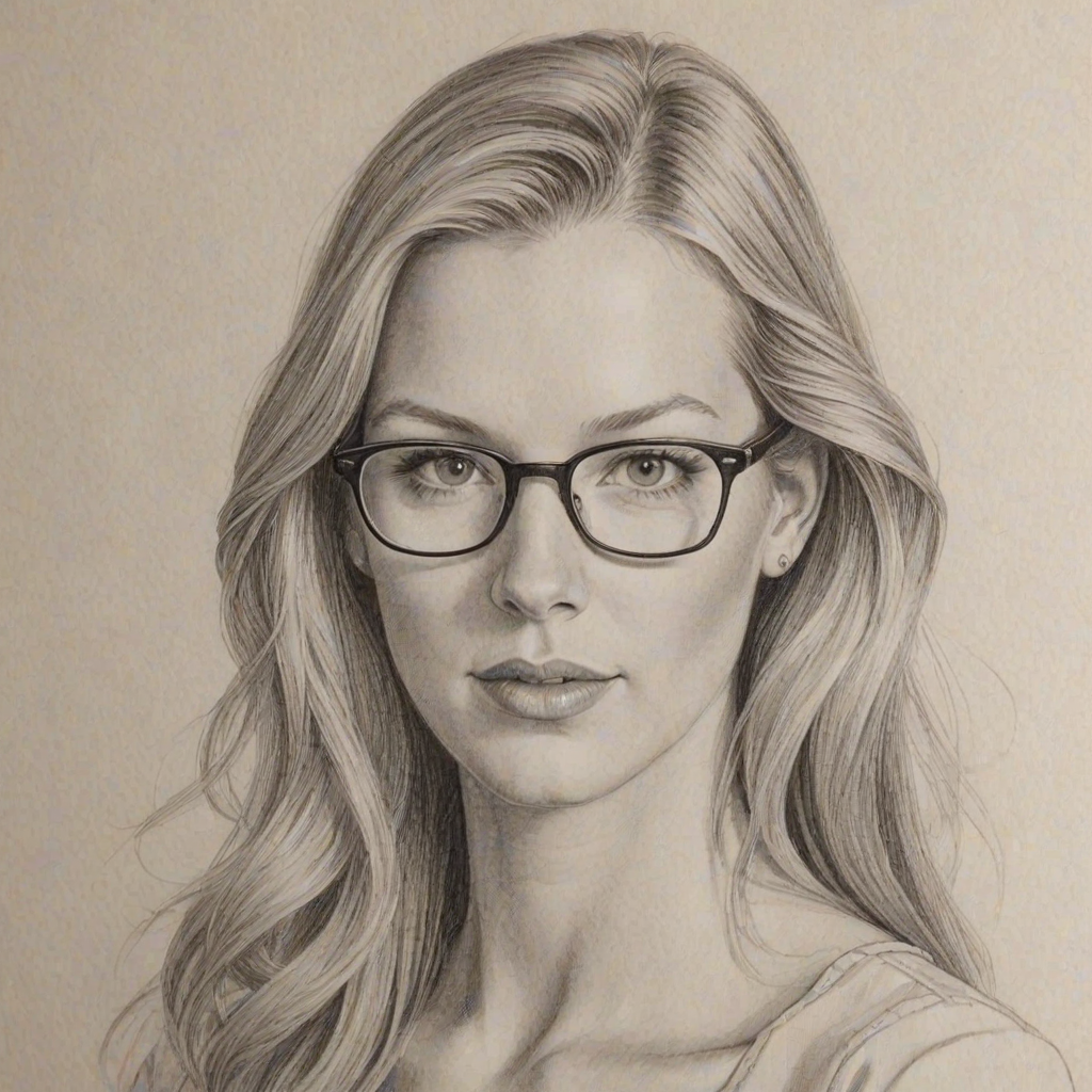 Superb Heather Morris, pencil sketch, portrait of Charming woman 1974s in glasses, hair style beatnik, outline, clear lines, fine lines, 8k