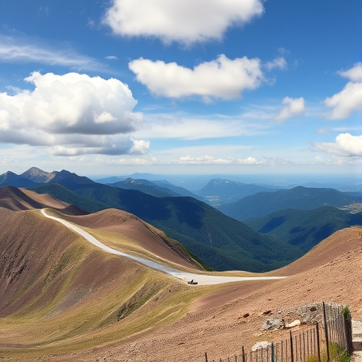 Landscape photograph of a mountainous area with a winding road and distant peaks under a partially cloudy sky, captured with a DSLR camera, 24mm lens at f/8, ISO 200, in natural light for enhanced clarity and depth.