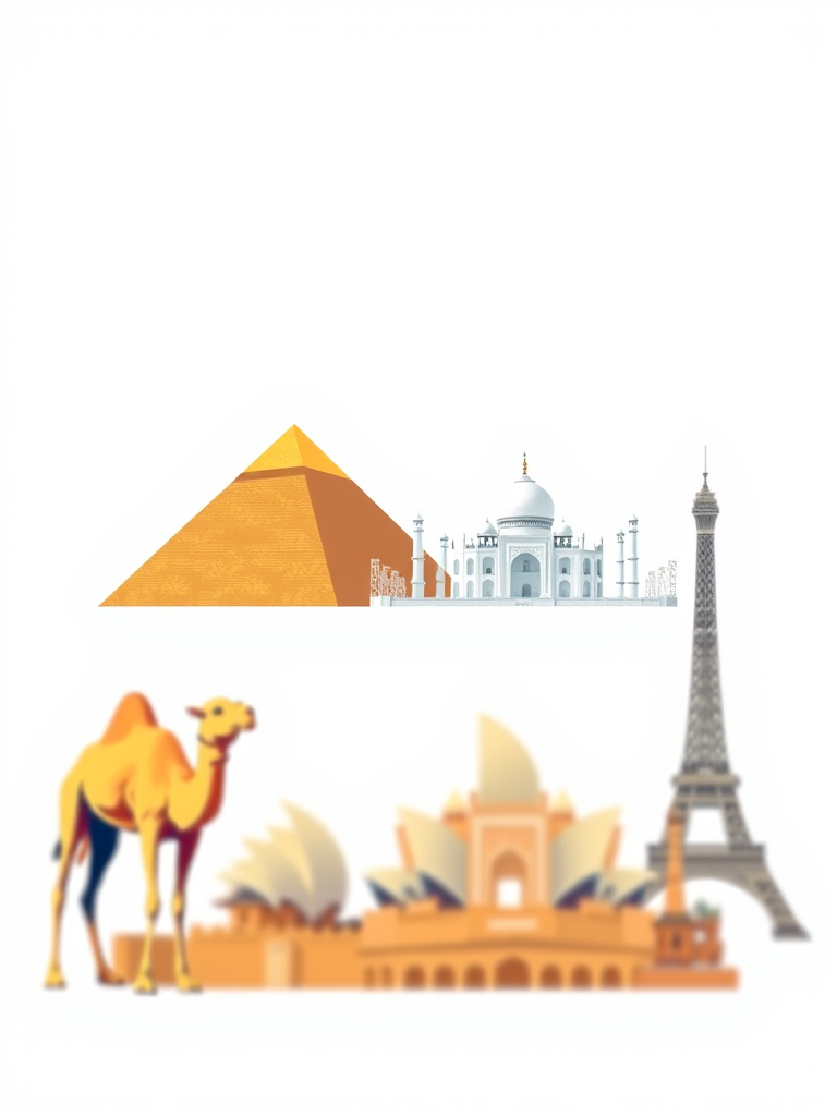 Create a vector-style illustration featuring iconic landmarks such as the Great Pyramid of Giza, a camel, the Taj Mahal, the Sydney Opera House, the Eiffel Tower, and the Statue of Liberty, with a clean white background, captured using a DSLR camera at f/8 aperture, ISO 100, 50mm lens, and a slight tilt-shift effect for depth.