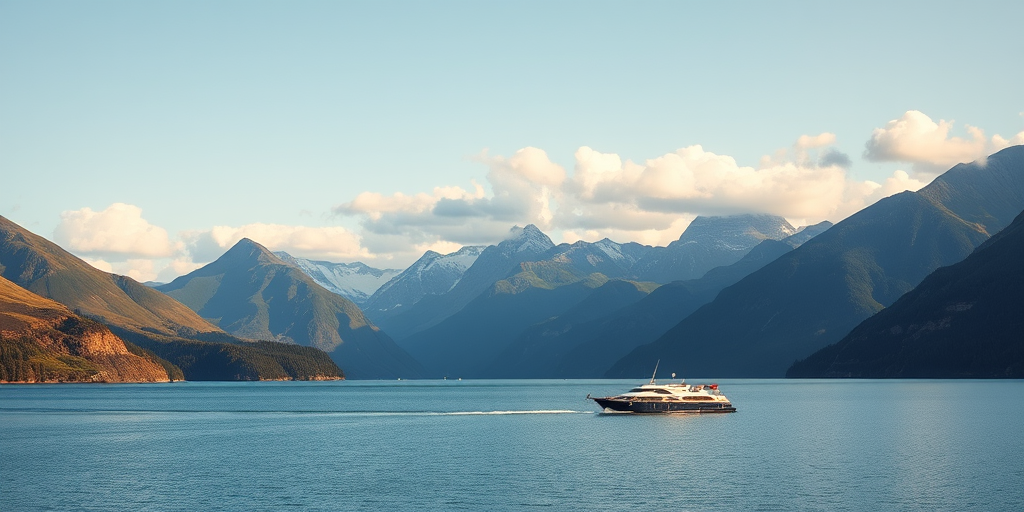 generate a serene landscape of a lake surrounded by majestic mountains during a clear day with soft clouds, include a boat gently gliding on the water, shot with a Canon EOS R6, 24mm lens, aperture f/11, shutter speed 1/125 sec, ISO 100, natural lighting, focus on vibrant colors and sharp details