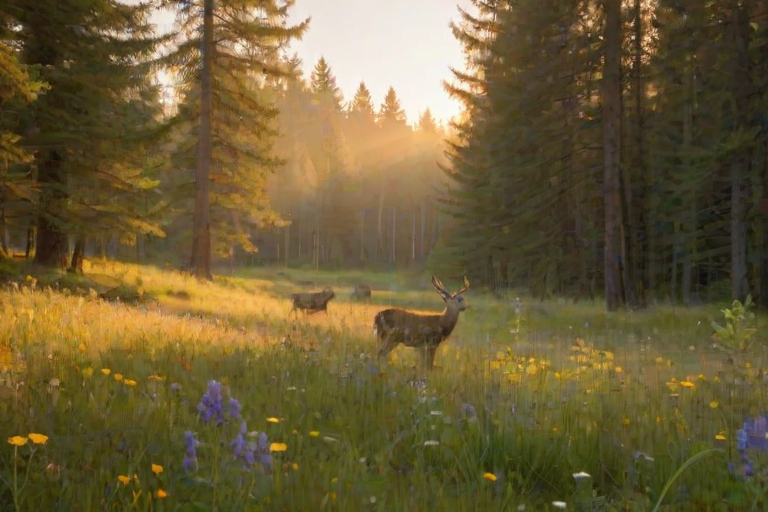 Forest clearing bathed in golden light, with wildflowers in bloom and a deer grazing peacefully in the distance.