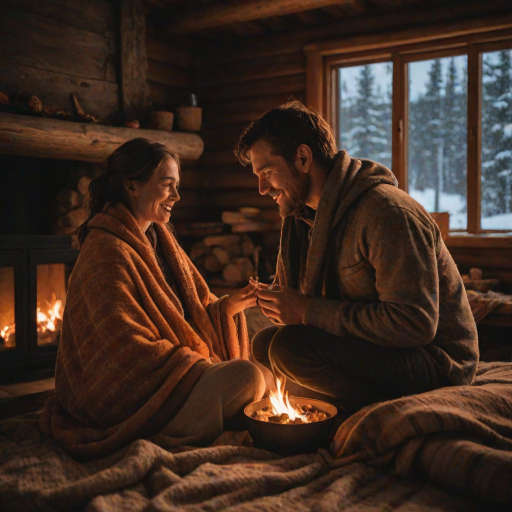 Low-light, intimate photo of a couple sitting by a fireplace in a rustic cabin, soft orange glow illuminating their faces, a warm blanket draped over their legs, soft crackling of the fire filling the air, snow gently falling outside the window behind them.