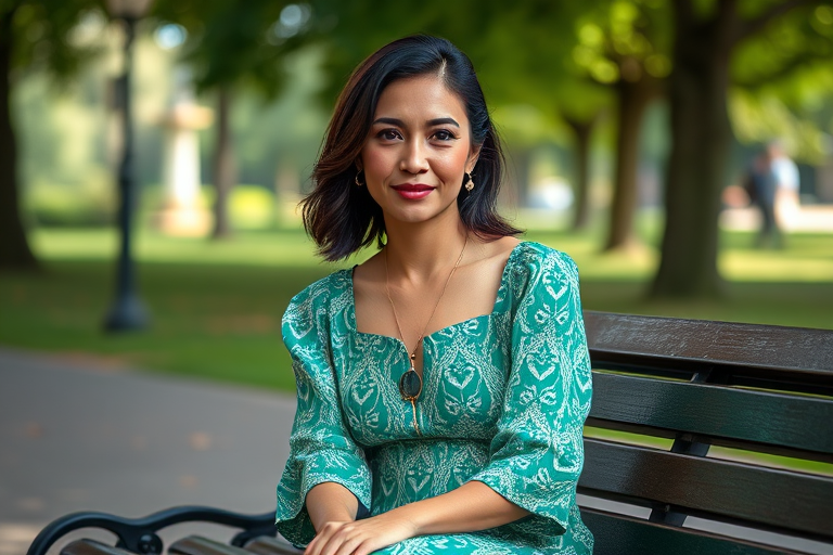Portrait of a woman sitting on a park bench, wearing a green and white patterned dress, soft natural lighting, focal length 50mm, aperture f/1.8, shutter speed 1/200, ISO 100, DSLR camera, shallow depth of field, vibrant colors.