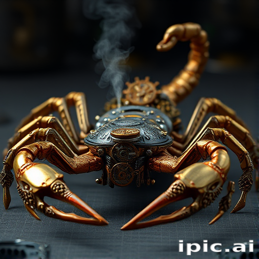 Create a high-intensity, high-resolution image of a steampunk scorpion, featuring intricate clockwork mechanisms and brass gears. The scorpion should have metallic limbs with elaborate jointed segments, showcasing a blend of Victorian-era aesthetics and futuristic technology. The body should be adorned with cogwheels, pistons, and small steam vents emitting a subtle mist, the front pinchers should up up and open. Capture the scene with dramatic lighting to emphasize the mechanical details, giving it a sense of motion and life