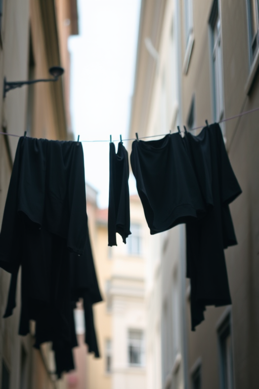 A clothesline with black garments hanging between buildings, captured with a DSLR camera, 50mm lens, aperture f/2.8, shutter speed 1/200s, ISO 200, natural light, focusing on the textiles in the foreground with a shallow depth of field to blur the background.
