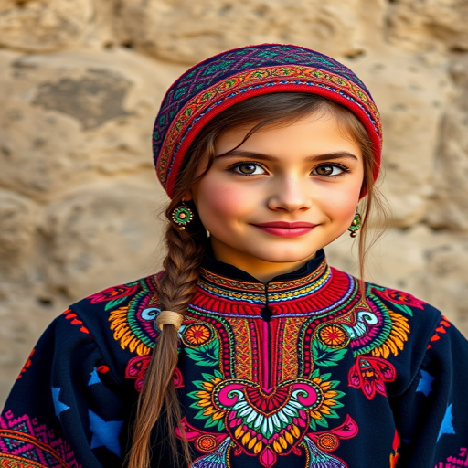 A beautiful Kurdish girl, wearing colorful bird clothing with vibrant colors
