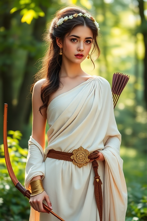Create a portrait of a goddess-like Eurasian girl figure in a tranquil, forested environment. She has an elegant appearance with long, wavy hair styled in an updo and adorned with a delicate, floral headband. She wears a flowing, ancient Greek-inspired gown in a soft, pale color, featuring a one-shoulder design and draped fabric that accentuates her graceful form. The outfit includes a decorative belt with ornate gold detailing, and she holds a bow in her hand, with a quiver of arrows slung over her shoulder. The background depicts lush greenery, with sunlight filtering through the trees, casting a gentle, ethereal light on the scene. Her expression is calm and contemplative, embodying a sense of wisdom and serenity.