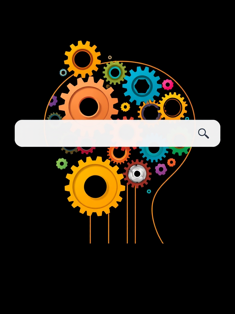 Create an image of a side profile of a human head with colorful gears and cogs inside the brain area, with a blank search bar beside it, shoot with a Canon EOS R5, aperture f/2.8, shutter speed 1/100s, ISO 200, in a high-resolution vector style.