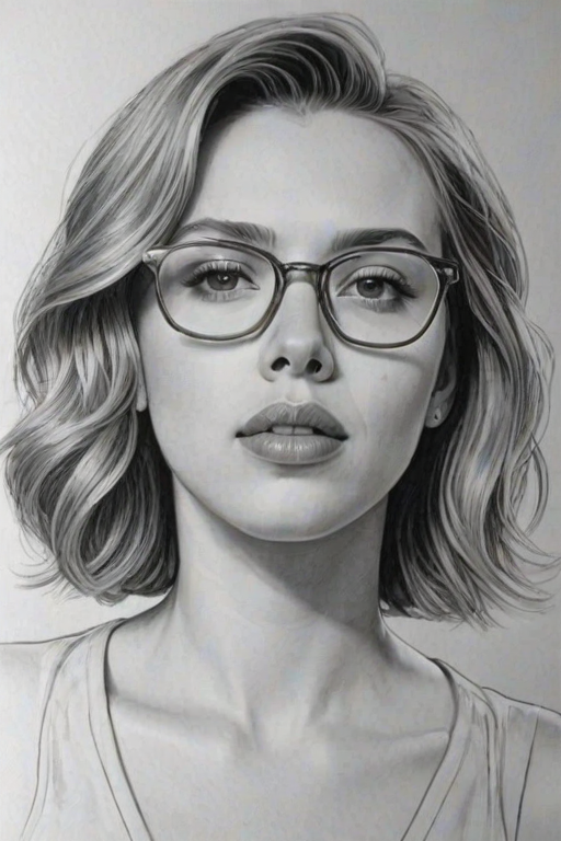 Graceful Scarlett Johansson, pencil sketch, portrait of Captivating woman 1974s in glasses, hair style beatnik, outline, clear lines, fine lines, 8k