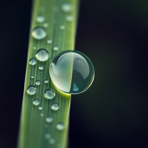 macro photography of water droplets on a green leaf with a shallow depth of field, f/2.8 aperture, ISO 100, 50mm lens, natural light, focus on the largest droplet, slight bokeh background