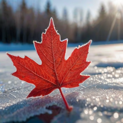 Sharp, detailed close-up of a vibrant red maple leaf covered in frost, soft sunlight glistening off the ice crystals, with distant trees blurred in the background.