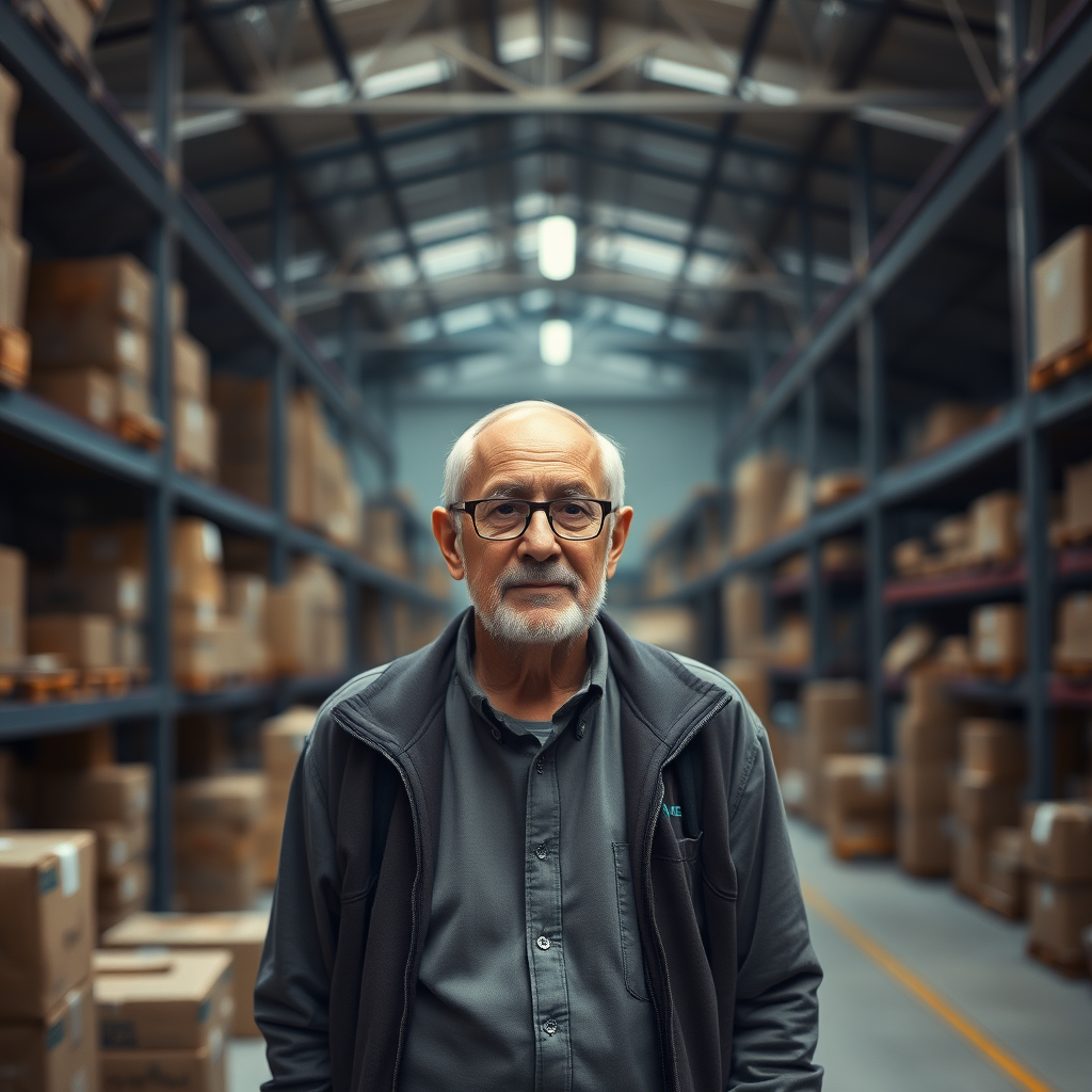 an elderly man with glasses standing in a dimly lit warehouse filled with cardboard boxes, soft natural lighting, shallow depth of field, 50mm lens, f/1.8, ISO 400, 1/100s, captured with a DSLR camera