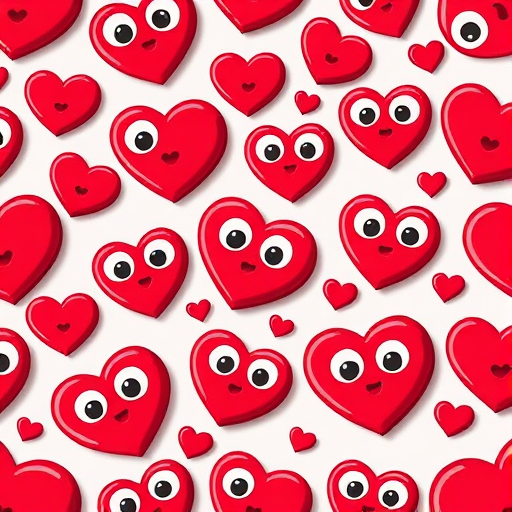 Create an image of a seamless pattern filled with cute red cartoon hearts with large, expressive eyes, using a high-resolution digital camera at f/8 aperture, ISO 100, and a 50mm lens, captured from a top-down view in a flat lay style to enhance color vibrancy and detail.