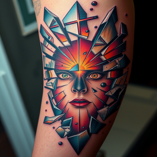 Avant-garde "Fractured Reality" tattoo concept utilizing broken glass effects and optical illusions to create a mind-bending trompe l'oeil design that appears to reveal hidden dimensions beneath the skin
