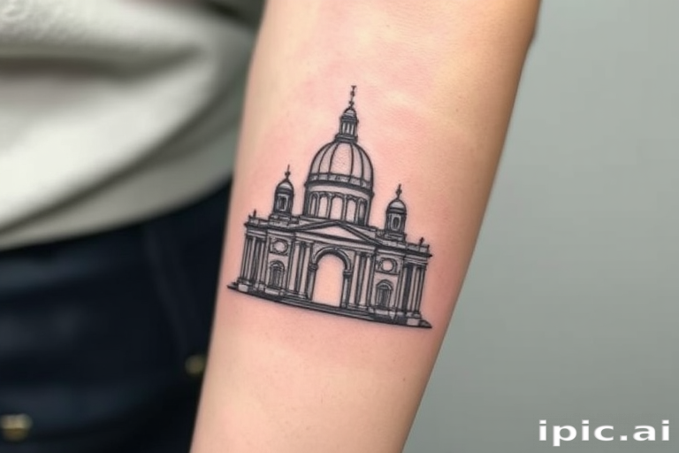 Elegant single-needle tattoo depicting a detailed architectural sketch of a famous landmark, rendered in fine lines and subtle shading, gracefully adorning the inner forearm