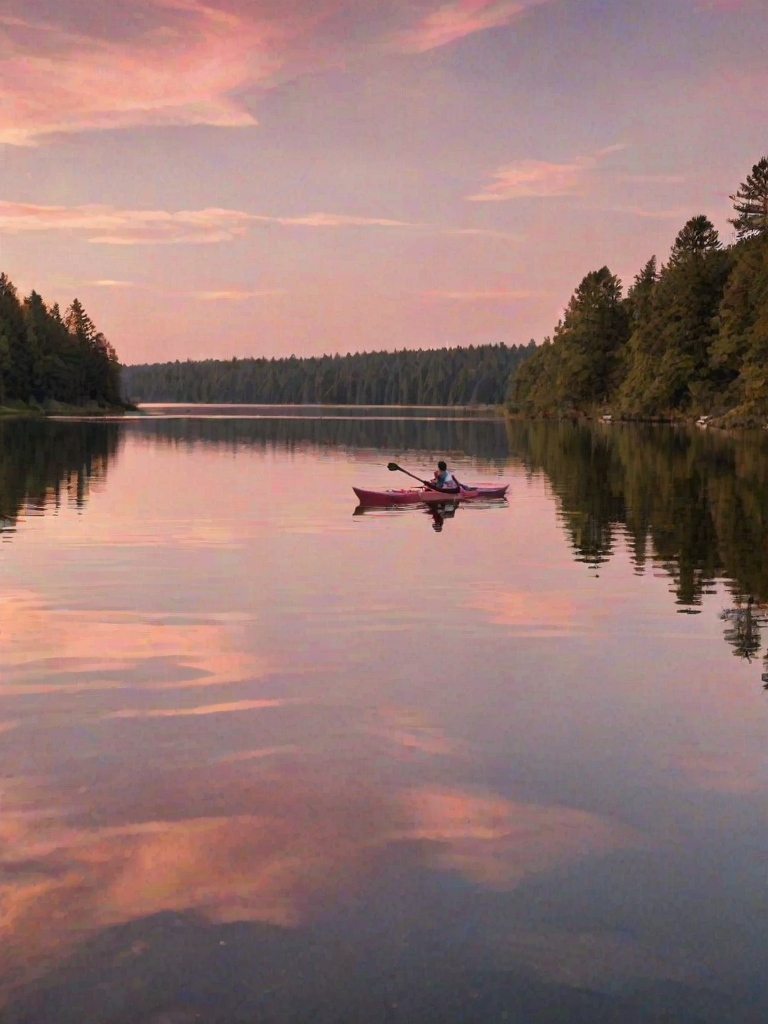 Peaceful lakeside scene at sunset, with a couple kayaking, the sky reflecting shades of pink and gold on the water, and the sounds of nature enveloping them.