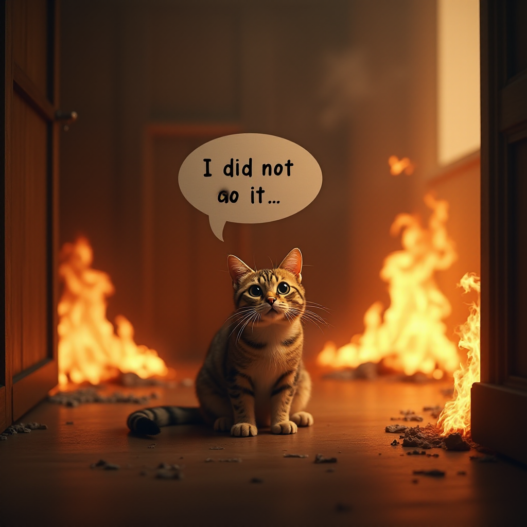Photorealistic image of an innocent-looking cat sitting calmly in the middle of a burning room. Flames engulf the room, with fire licking up the walls and smoke filling the air. The cat is sitting on the floor, looking directly at the viewer with wide, innocent eyes. Above the cat, a speech bubble says "I did not do it". The contrast between the cat's calm demeanor and the chaos around it creates a humorous and surreal scene.