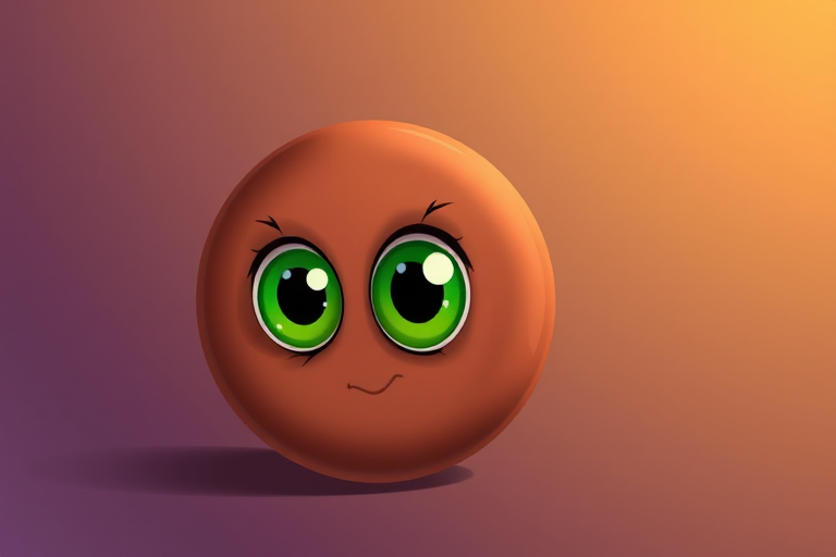 Create a cartoon-style illustration of a brown swirl with large green eyes, set against a simple gradient background, captured with a Canon EOS 5D Mark IV using a 50mm lens at f/1.8, ISO 100, with a soft focus and high contrast for vibrant colors.