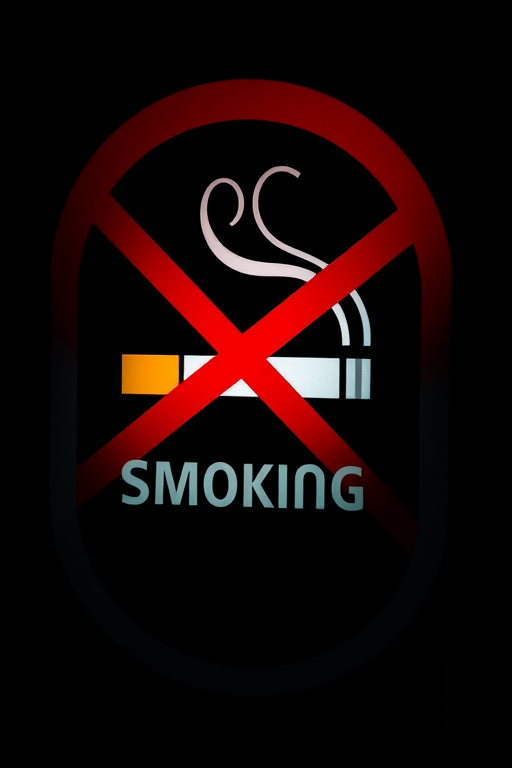 Create a high-resolution image of a "No Smoking" sign featuring a stylized cigarette with smoke, using a Canon EOS R5 camera, aperture f/8, ISO 100, focal length 50mm, capturing the sign in a minimalistic style with a clear focus and vibrant colors against a black background.