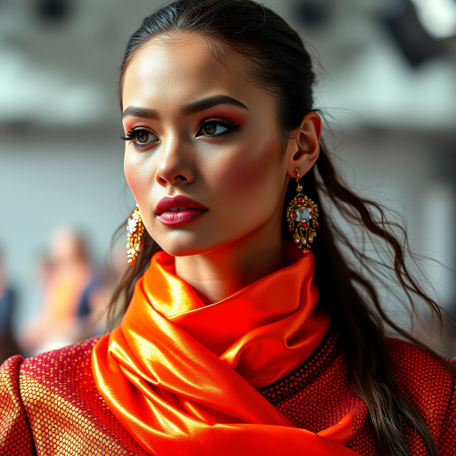 Runway capture, a beautiful model, vibrant colors, metallic textures, high fashion editorial , a 100mm macro lens to get extreme close-ups of intricate details like fabric stitching, accessories, or makeup artistry