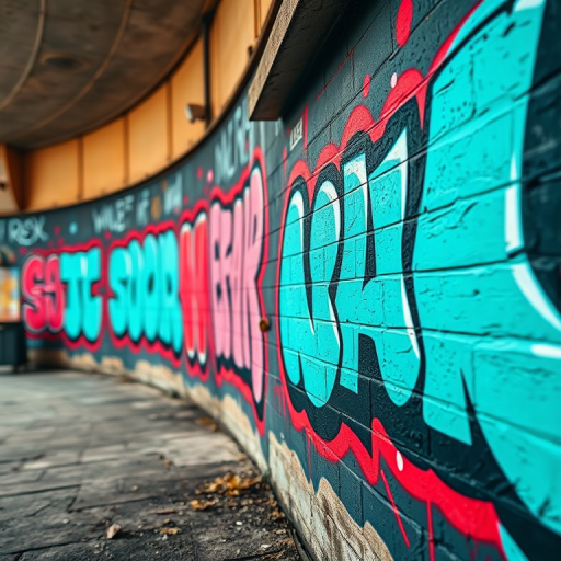 Regenerate a vibrant urban graffiti wall mural with a focus on bright turquoise and red colors, using a DSLR camera with a 35mm lens, aperture f/2.8, ISO 200, and a shallow depth of field for enhanced clarity and texture, shot from a low angle perspective to emphasize the artwork's detail and urban atmosphere.