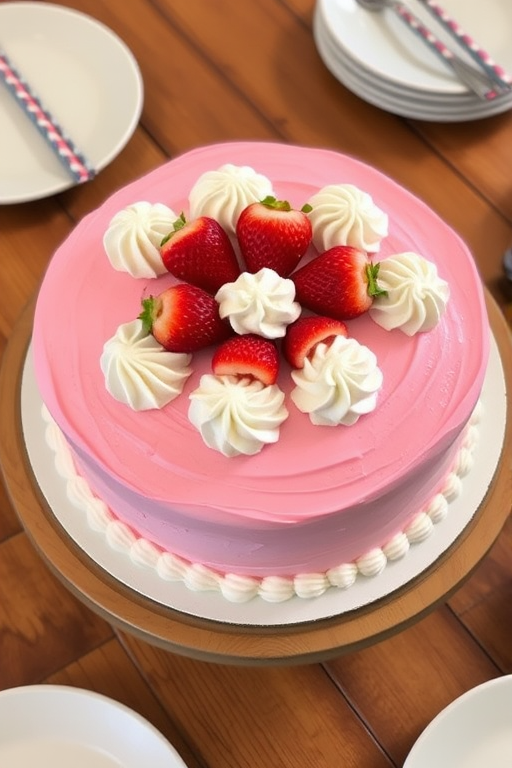 A round pink frosted cake decorated with whipped cream rosettes and fresh strawberries on top, placed on a wooden table with plates and straws nearby.