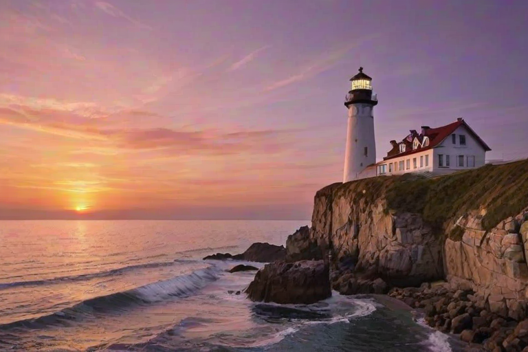 Generate an image of a tall lighthouse perched on a rocky outcrop surrounded by calm ocean waters during a breathtaking sunset. The lighthouse stands sturdy and weathered, its stone surface illuminated by the warm golden light of the setting sun. The sun's rays pass directly through the glass lantern room at the top of the lighthouse, casting a brilliant light across the scene. The sky is painted with vibrant shades of orange, pink, and purple, reflecting off the tranquil sea. The surrounding water shimmers with the same warm hues, creating a serene and majestic atmosphere.