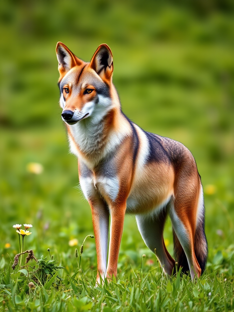 A tall, elegant maned wolf standing in a lush green field, captured with a DSLR camera at f/4, ISO 200, 1/250 sec, using a 50mm lens, in natural light for enhanced detail and clarity.