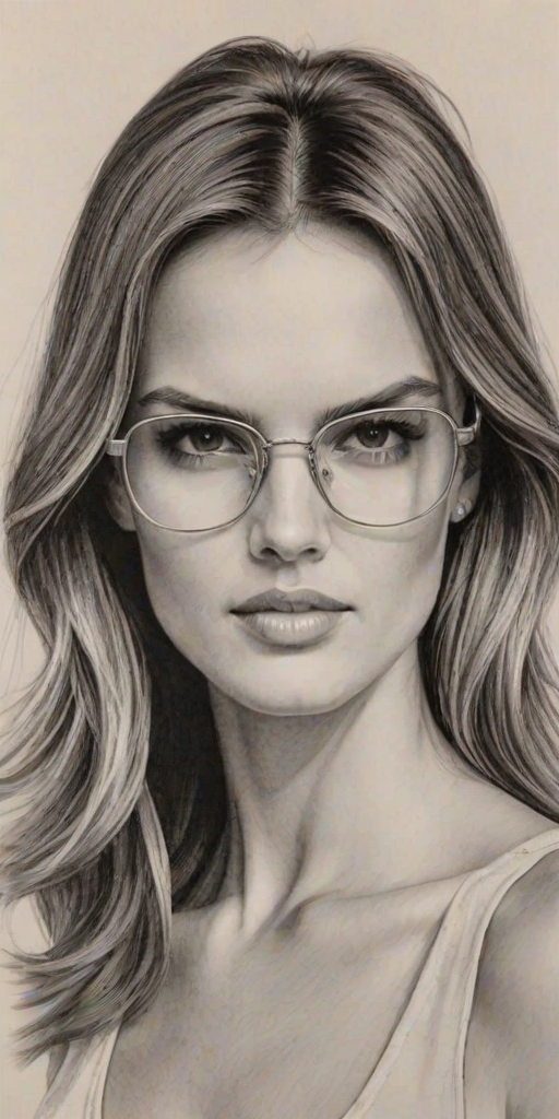 Captivating Alessandra Ambrosio, pencil sketch, portrait of Sublime woman 1970s in glasses, hair style beatnik, outline, clear lines, fine lines, 8k
