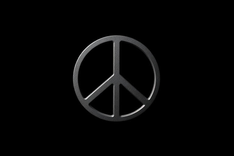 Create a high-resolution image of a peace symbol with a solid black background, using a DSLR camera with a 50mm lens, aperture set to f/2.8, ISO 100, and a focal length of 50mm, capturing a straight-on view with dramatic lighting to enhance the contrast.