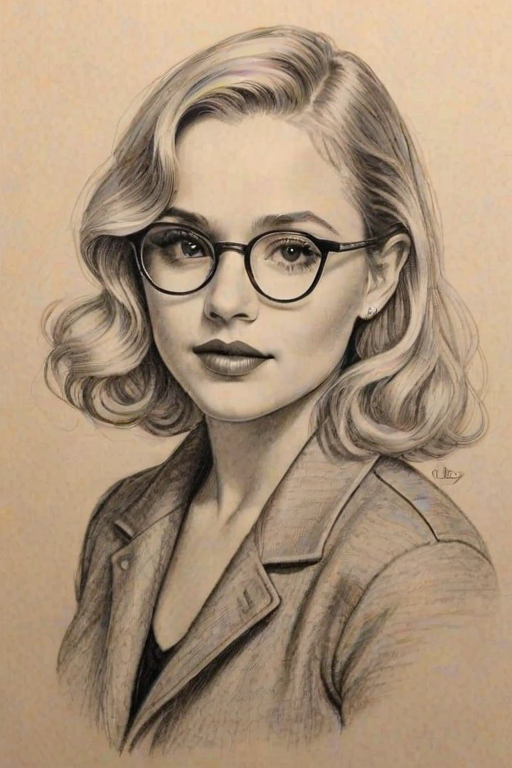 Pleasing Natalie Alyn Lind, pencil sketch, portrait of Charming woman 1930s in glasses, hair style beatnik, outline, clear lines, fine lines, 8k