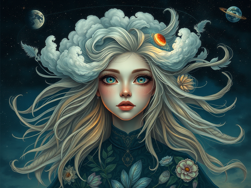 Create a series of imaginative portraits where each subject is infused with elements of fantasy and nature. The hair of the individuals should flow like clouds, varying from soft, fluffy cumulus to wispy cirrus strands, with hints of color reflecting a sunset or a clear blue sky. The eyes should be windows to entire galaxies, with stars, nebulae, and distant planets visible within them. Clothing should be adorned with nature motifs, such as floral patterns that bloom and change, vines that seem to grow and wrap around, or feathers that shimmer with iridescence. Each portrait should capture a unique personality, blending human features with the ethereal beauty of the natural and cosmic world. The backgrounds can vary, from starry night skies to enchanted forests, adding depth and context to the magical realism of the portraits