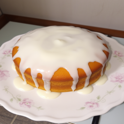 A round cake with a smooth golden-brown surface topped with a thick white icing that drips down the sides, displayed on a decorative white plate with floral patterns.