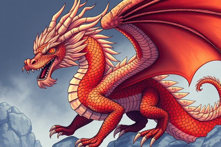Create a detailed illustration of a mythical dragon with intricate scales and flowing mane, using a high-resolution setting at 300 DPI, shot with a 50mm lens for sharp focus, in a full-frame camera style, emphasizing vibrant colors and dynamic posture.