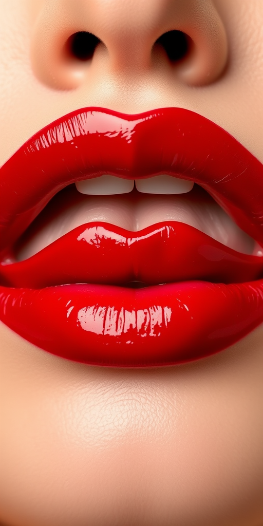 Classic cherry red lips with glossy finish, perfectly symmetrical shape, timeless allure and confidence, iconic Ruby Slipper Shine design