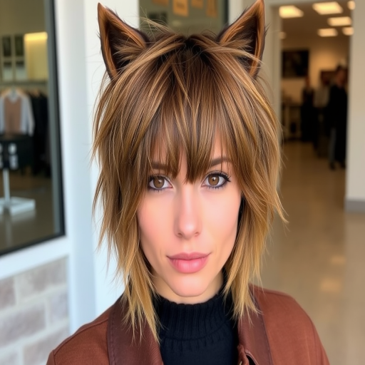 Trendy wolf cut in warm caramel brown, featuring textured layers and curtain bangs, creating a perfect balance of edgy and effortlessly chic