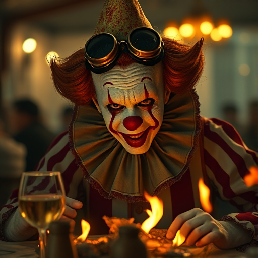 (cinematic, full body shot, clown, setting in dinner, realistic skin, natural features, Phantom High Speed Camera, style raw) ,looking to the viewers, mudapocalyptic, goggles, fire.