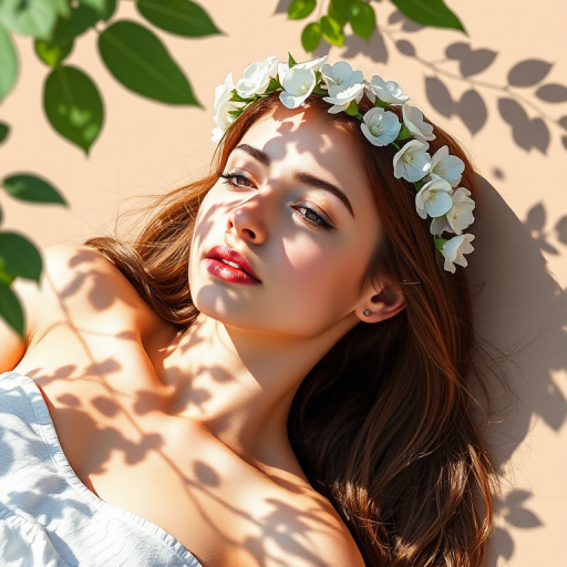 create a watercolor painting of an ethereal portrait of beautiful Tajik woman with a simple white flower crown on her head. Her hair is long and she is lying on the ground. The sunlight on the trees casts shadows from the leaves on her face and body. The background is a neutral brown color that matches her skin tone. The image is minimalist and solid colors. This style is characterized by soft, delicate brushstrokes and a light, airy, contrasting color palette. High level of detail and play of light