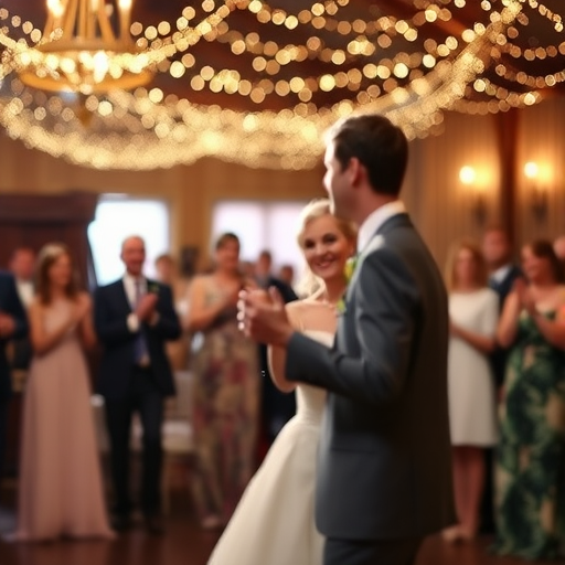 Blurry candid shot of a wedding couple sharing their first dance under twinkling fairy lights, with guests softly clapping and smiling in the warmly lit reception hall.