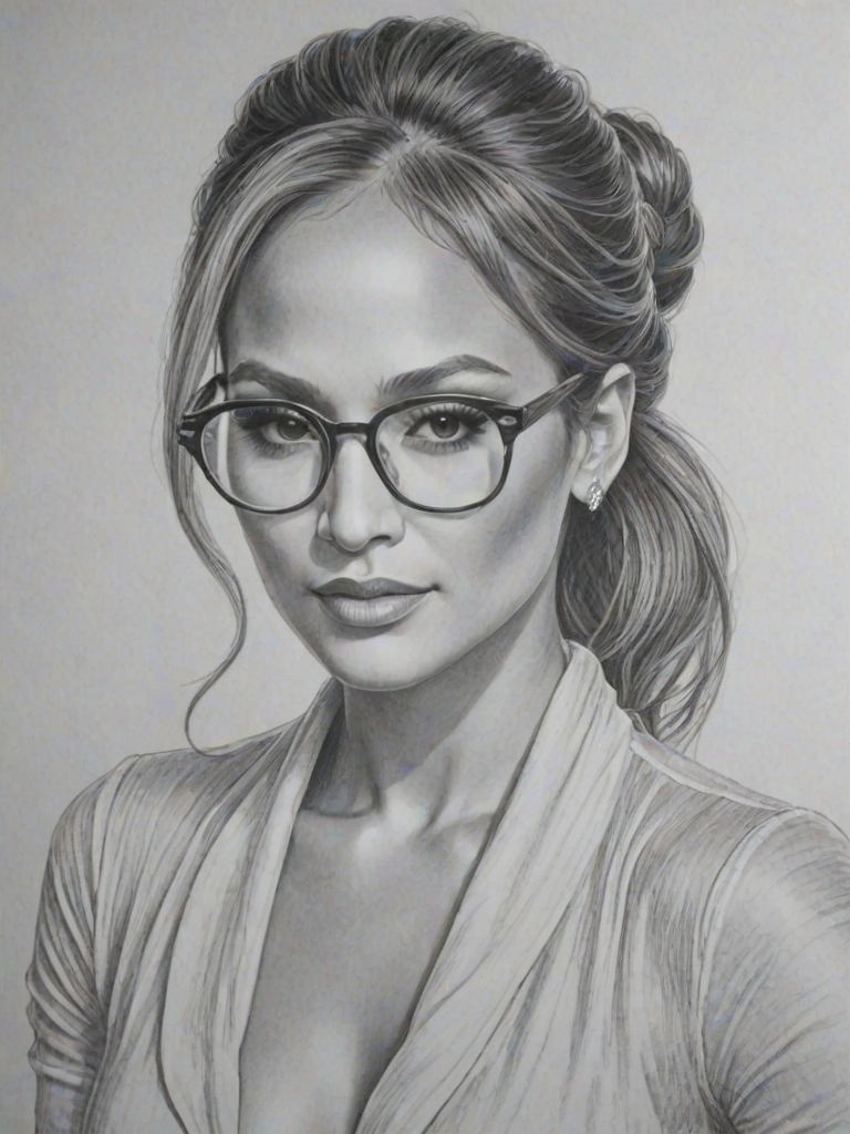 Ravishing Jennifer Lopez, pencil sketch, portrait of Pleasing woman 1929s in glasses, hair style beatnik, outline, clear lines, fine lines, 8k