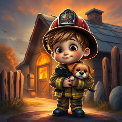 airbrushed oil painting, pixar style, cute little boy in fireman gear, helmet, tousled hair, expressive eyes, standing in the doorstep of a cottage burning behind him, holding a cute little dog in his arm, atumn sky